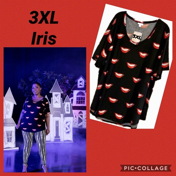 LuLaRoe Black Iris T-Shirt with Red Lips Pattern - Picture 1 of 2